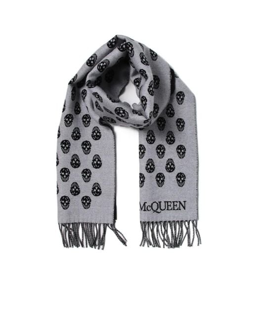 McQueen Gray Skull Intarsia Knitted Fringed Scarf