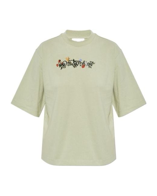 Off-White c/o Virgil Abloh Green Floral Logo Embroidered Crewneck T-Shirt