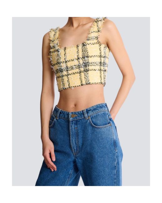 Balmain Metallic Glitter Plaid Tweed Cropped Top