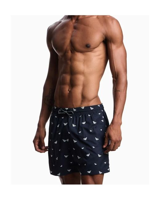 Emporio Armani Blue Swim Shorts With All-Over Micro Eagle Embroidery for men