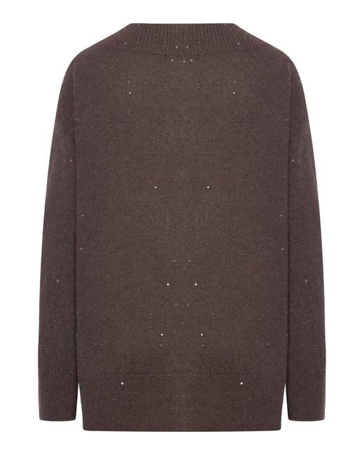 Brunello Cucinelli Brown V-Neck Sequin Embellished Knitted Jumper