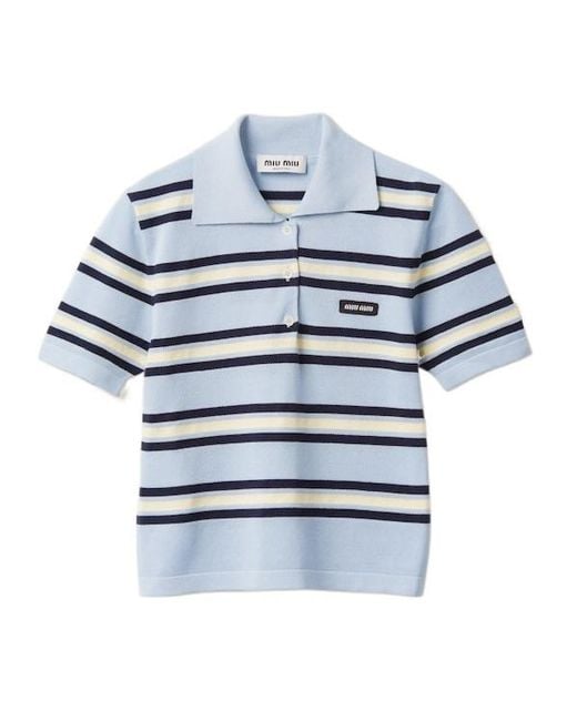 Miu Miu Blue Striped Knitted Cotton Polo Shirt