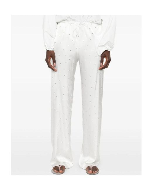 Oseree White Crystal-Embellished Drawstring Trousers