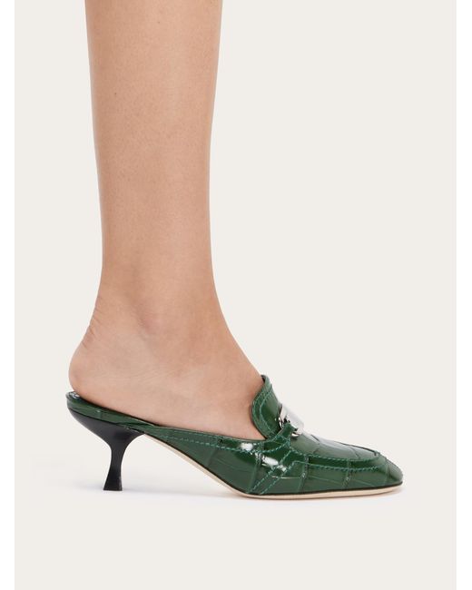 Ferragamo Green Embossed Round-Toe Mules