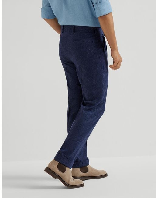 Brunello Cucinelli Blue Pleated-Front Speckled-Pattern Trousers for men