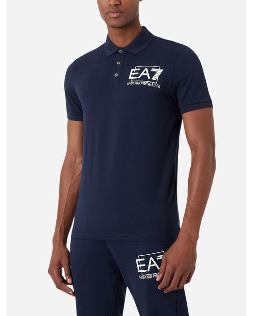 EA7 Blue Logo-Print Cotton Polo Shirt for men