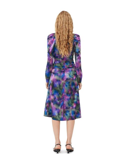 Ganni Purple Silk Satin O-Neck Midi Dress