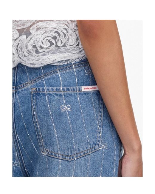 Self-Portrait Blue Rhinestone-Embellished Bow-Print Jeans