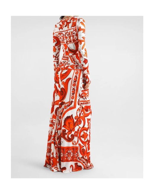 Dolce & Gabbana Red Long-Sleeve Majolica Print Maxi Dress