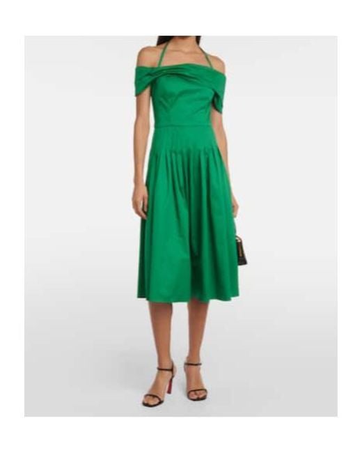 Oscar de la Renta Green Off-Shoulder Silk Midi Dress