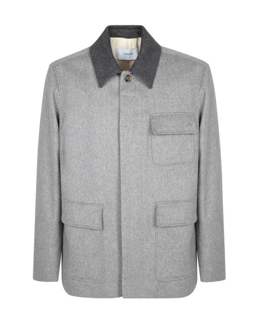 Lardini Gray Contrast Collar Long Sleeved Shirt Jacket for men