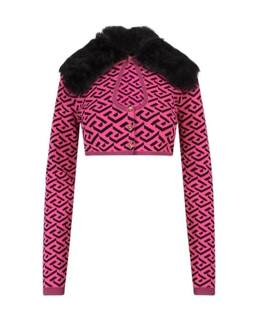 Versace Red La Greca Printed Cropped Cardigan