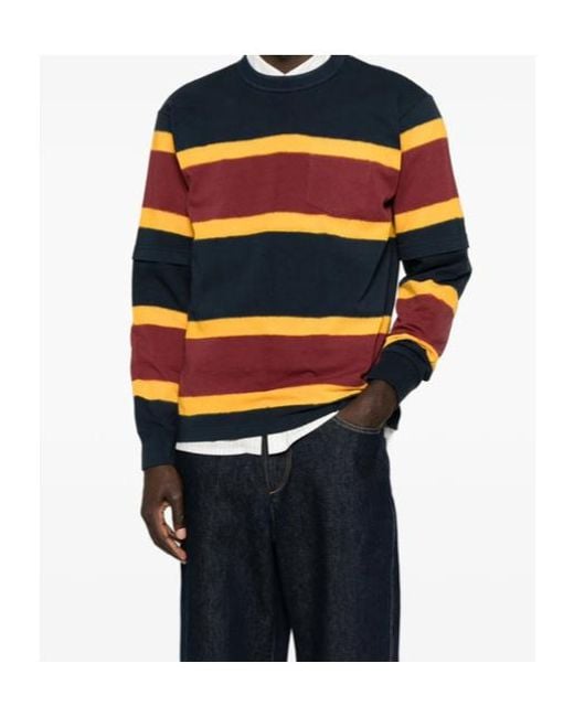 Sacai Blue Striped-Knit Layered-Sleeve Sweater for men