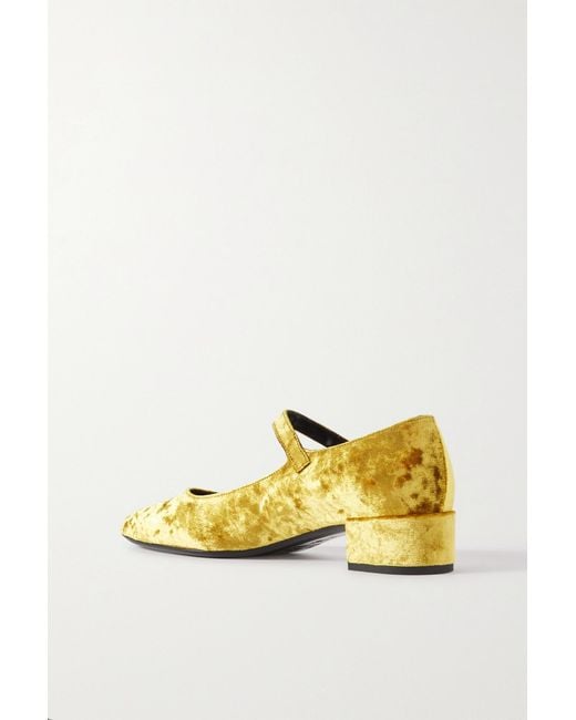 By Far Yellow Velvet Mary Jane Block Heel Shoes