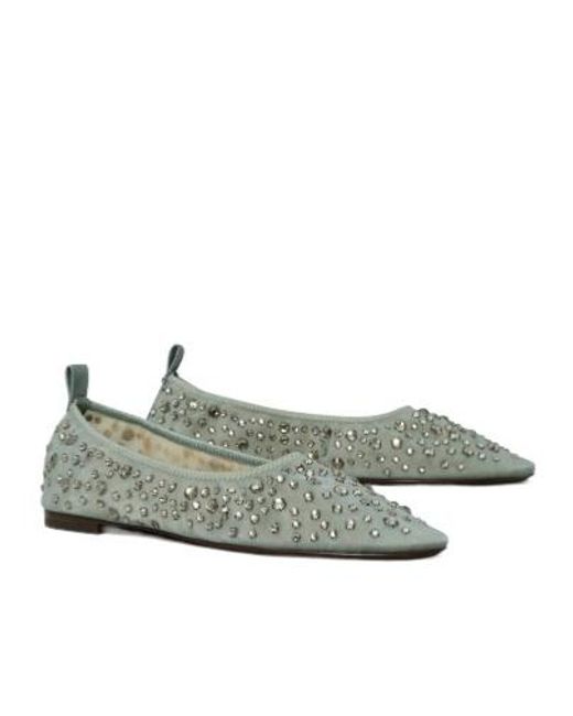 Tory Burch Green Embellished Ballet Flats