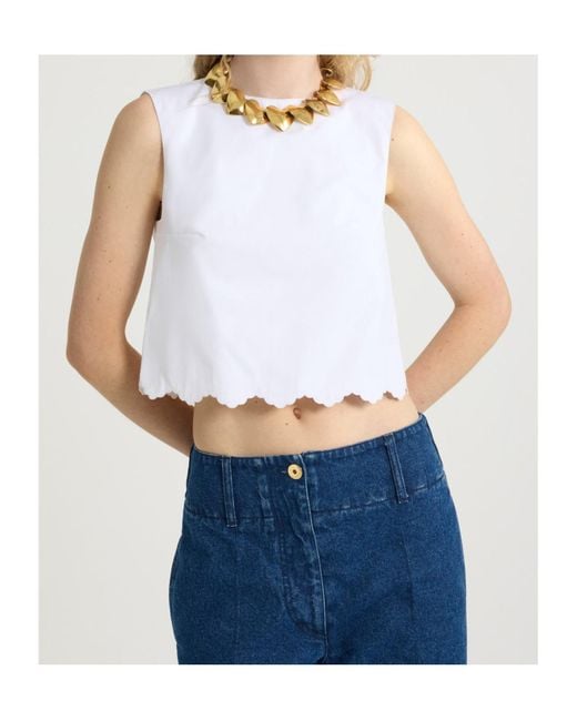 Patou White Scalloped Hem Sleeveless Top