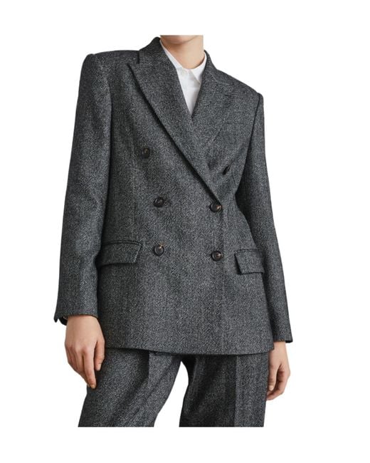 Brunello Cucinelli Gray Herringbone Motif Double-Breasted Blazer