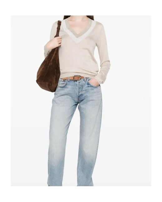 Brunello Cucinelli White Striped V-Neck Knitted Sweater
