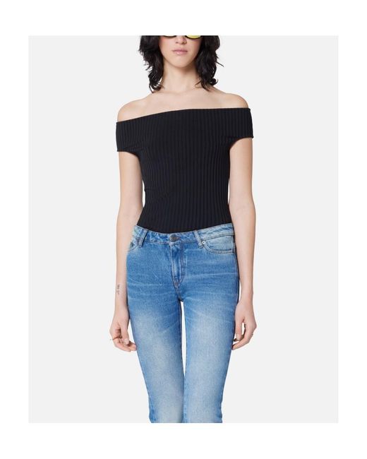 AMI Black Ami Off-Shoulder Ribbed Knit Bodysuit