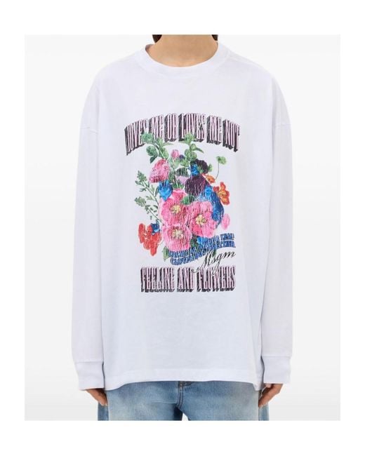 MSGM White Floral Print Long Sleeve T-Shirt