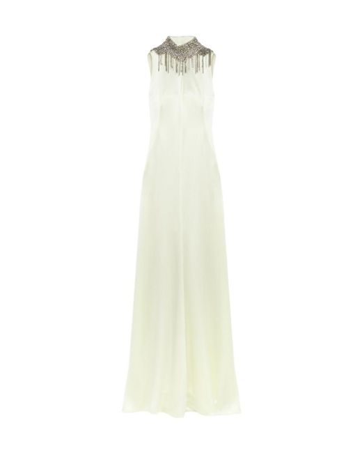 McQueen White Satin Crystal-Embellished Maxi Dress