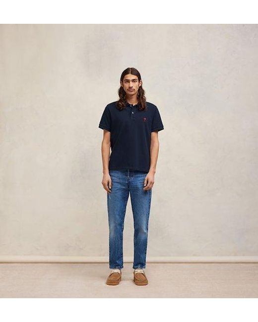 AMI Blue Logo Embroidered Short-Sleeved Polo Shirt for men