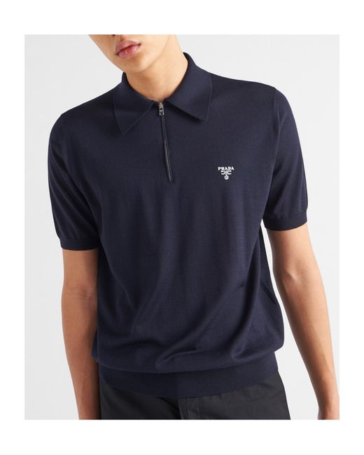 Prada Blue Knitted Polo Shirt for men