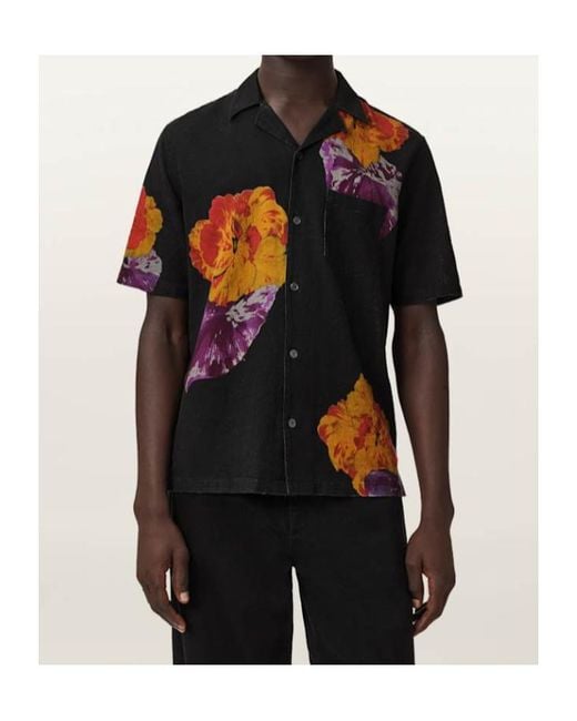 AllSaints Black Nouvelle Short Sleeve Linen Blend Shirt for men