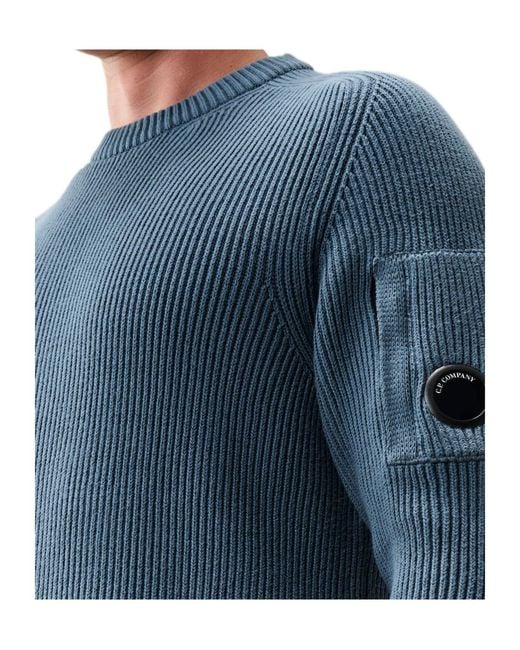 C P Company Blue Full Rib Cotton Lens Crewneck Sweater for men