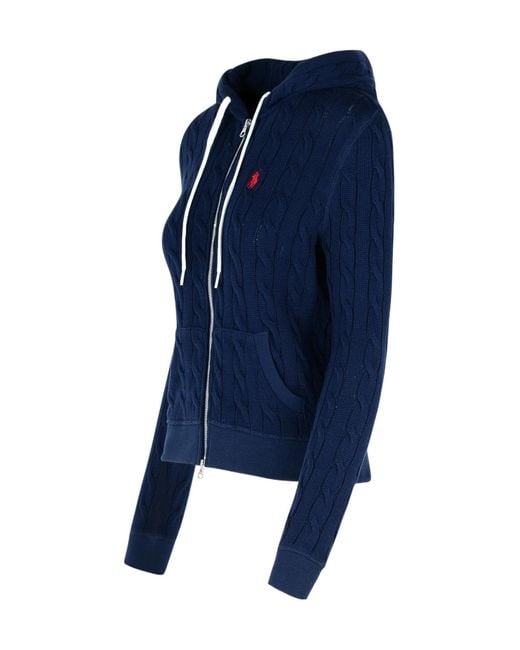 Polo Ralph Lauren Blue Cable-Knit Full-Zip Hooded Cardigan