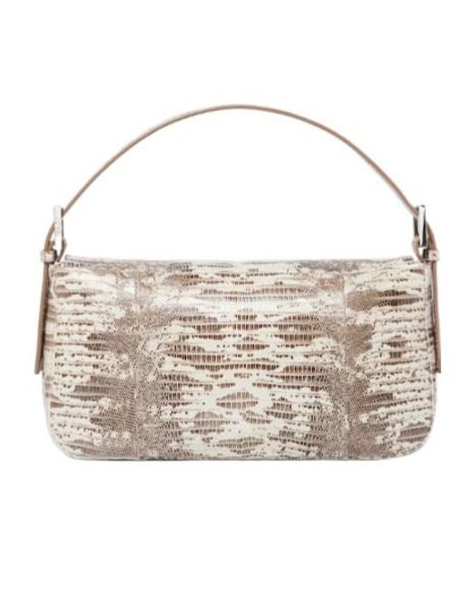 Fendi Metallic Baguette 26424 Parchment-Coloured Lizard-Leather Bag