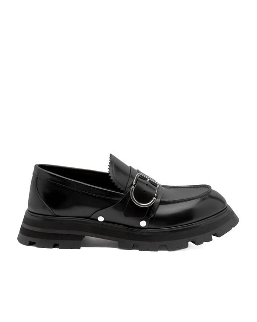 McQueen Black Buckle-Detailed Slip-On Loafers for men