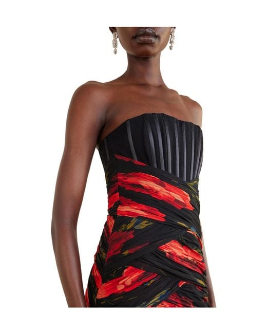 Carolina Herrera Red Strapless Ruched Floral-Printed Silk-Chiffon Gown
