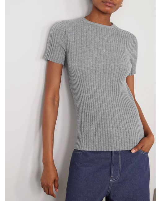 The Elder Statesman Gray Ribbed Cashmere Short-Sleeved Knit Sweater