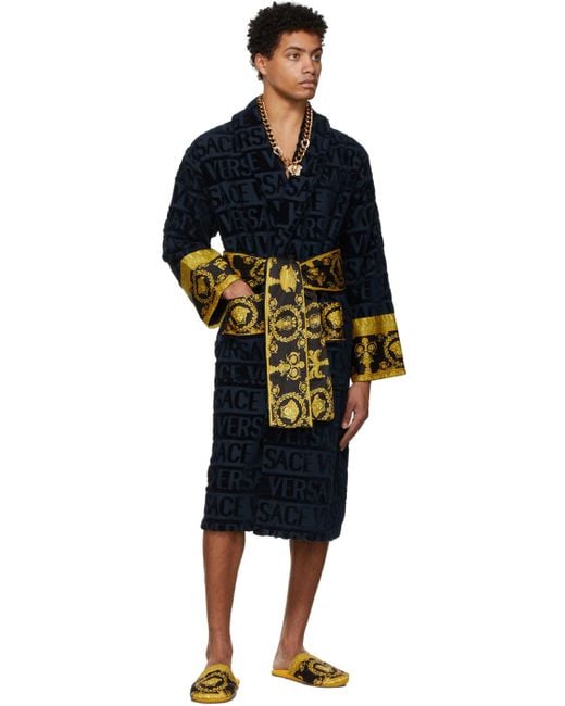 Versace Blue Barocco-Panel Logo Devoré Robe