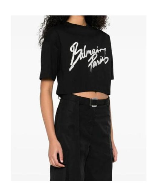 Balmain Black Graphic Printed Cropped T-Shirt