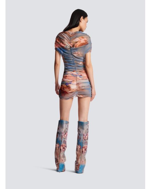 Balmain Blue Sky Printed Gathered Tulle Dress