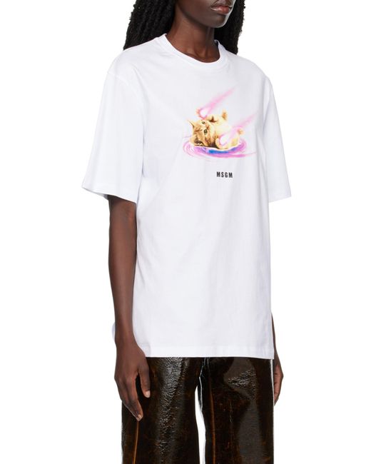 MSGM White 'Space Cat' Designs Cotton T-Shirt With Round Neck