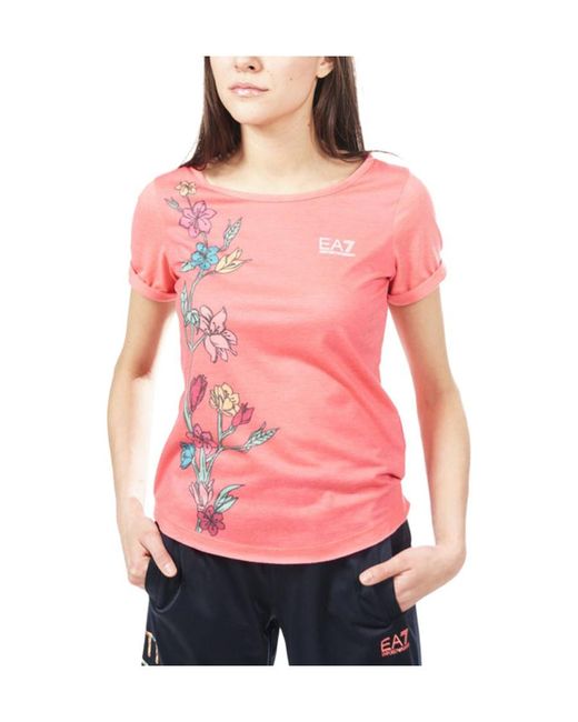EA7 Pink Floral Pattern Round Collar Short-Sleeved T-Shirt