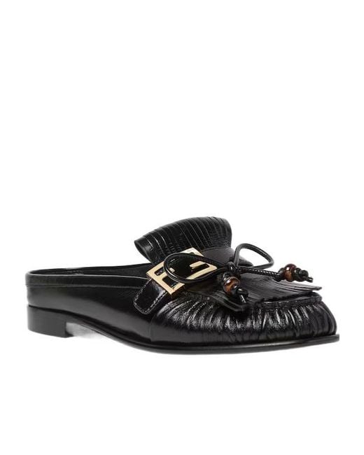Fendi Black O'Lock Fringed Mules