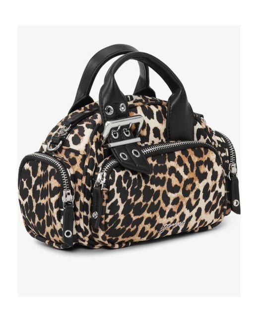 Ganni Black Leopard Printed Buckle Detailed Mini Tote Bag