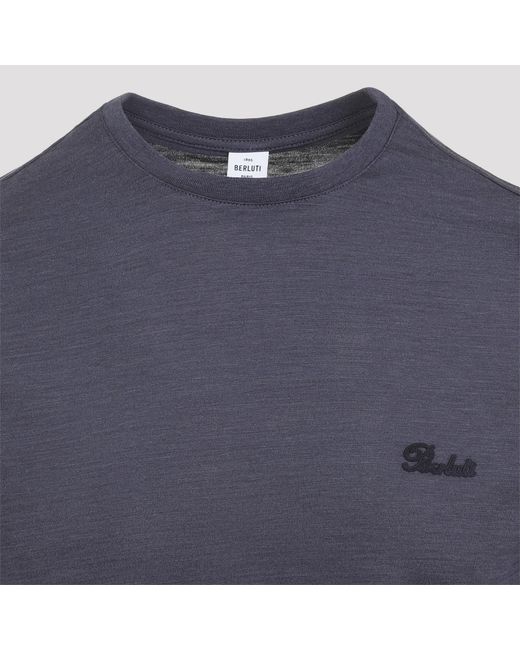 Berluti Blue Logo Embroidered Crewneck T-Shirt for men