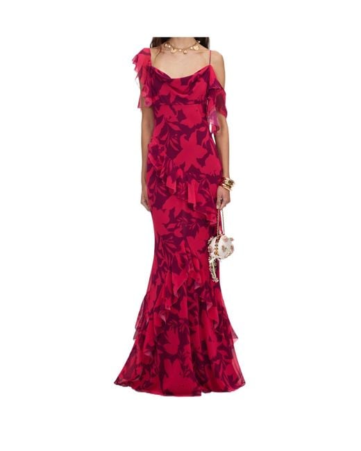 Self-Portrait Red Floral Ruffle Maxi Dress