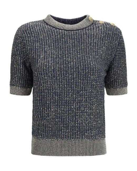 Balmain Gray Sequin-Embellished Button-Detail Sweater