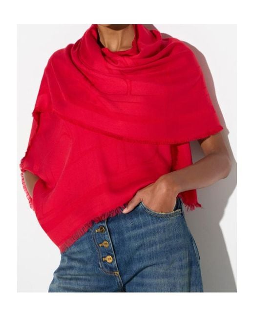 Elisabetta Franchi Red Logo-Jacquard Frayed Scarf