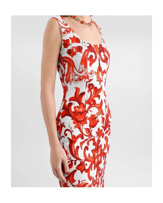 Dolce & Gabbana Red Silk-Blend Majolica Print Dress