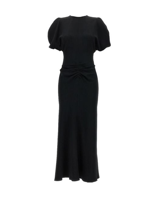 Victoria Beckham Black Ruched-Waist V-Back Crepe Midi Dress