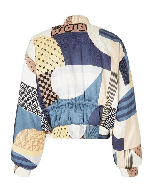 Fendi Blue Patchwork Printed Bomber Jacket