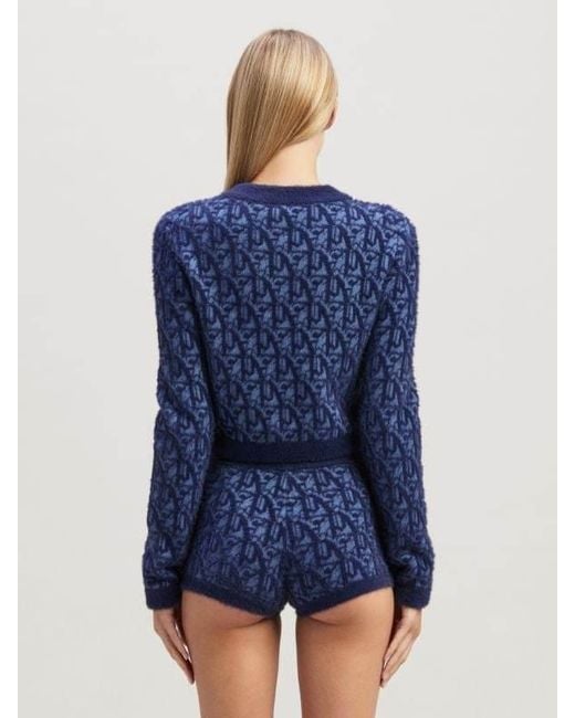 Palm Angels Blue Monogram-Jacquard Zip-Up Cardigan