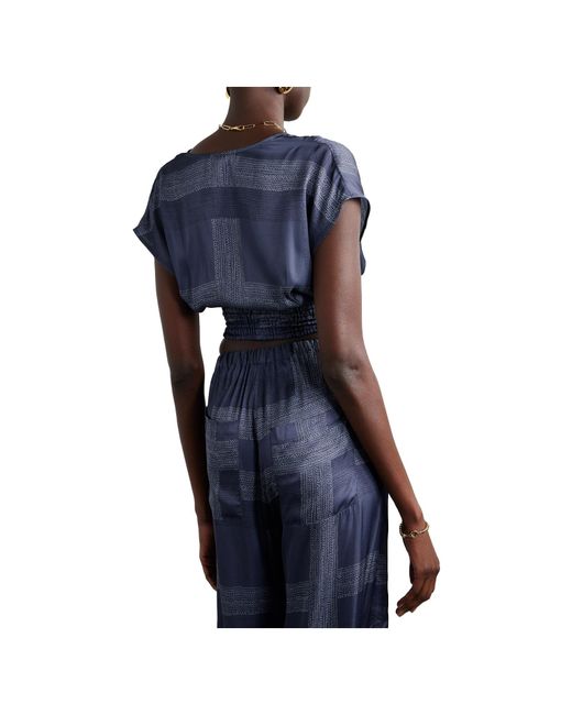 Lemlem Blue Smocked Printed Cropped Top
